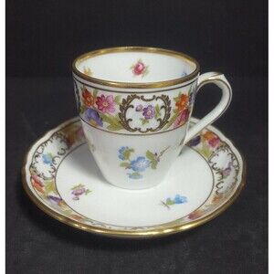 dresden demitasse cup and saucer, flowers floral gold accents Schumann empress